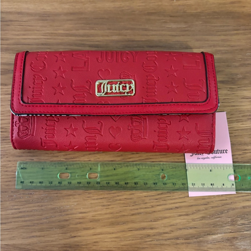 Juicy Couture Deboss Red Faux Leather Embossed Logo Flap Clutch Wallet NWT - Picture 12 of 13